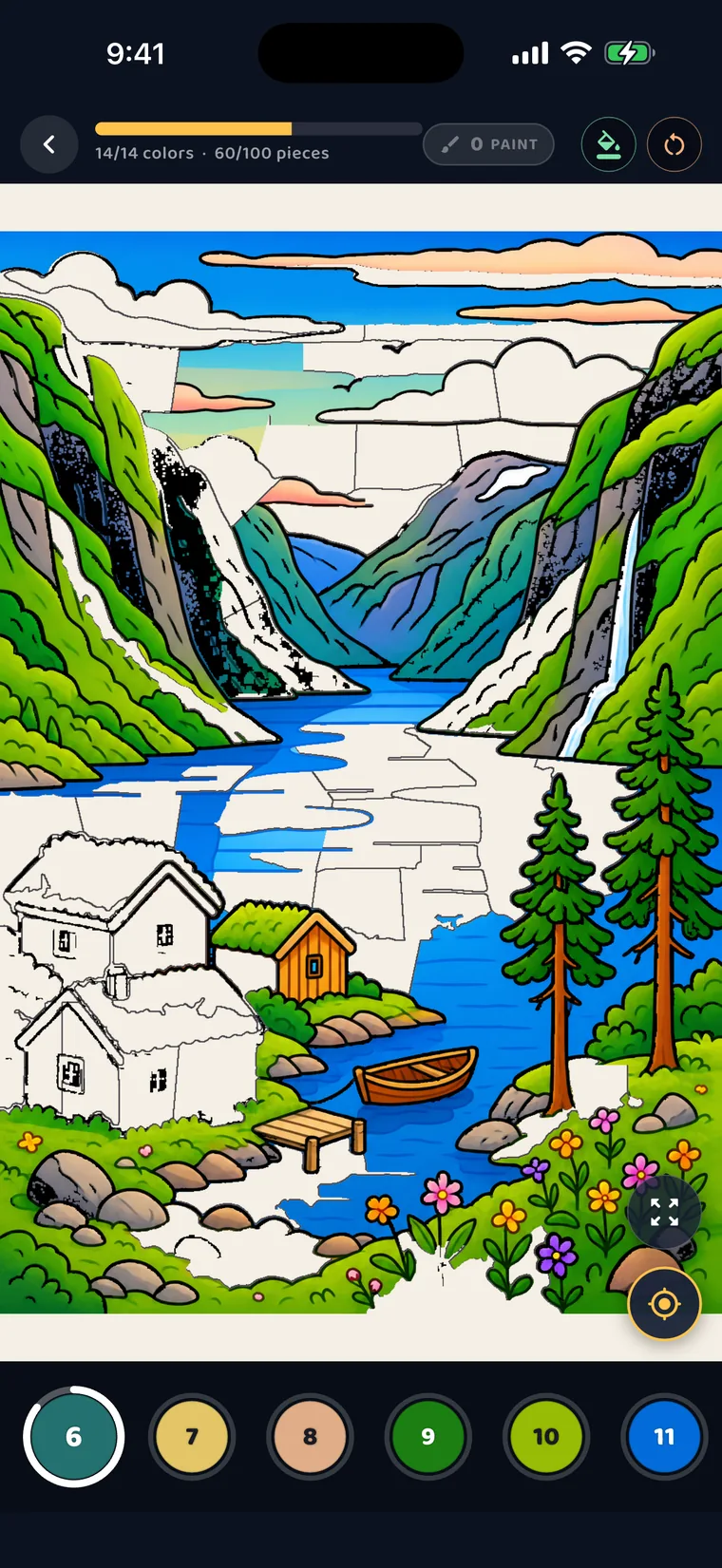 A fjord scene half filled in with colour