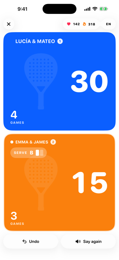 Scorra on iPhone showing a live padel match at 30-15, four games to three