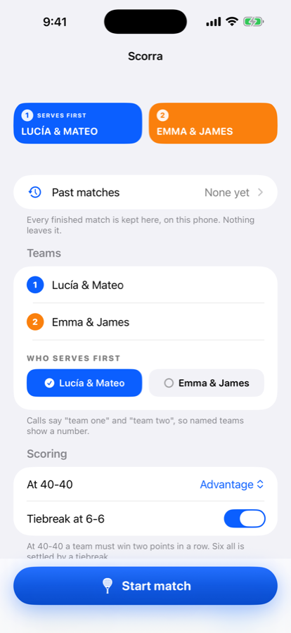 Scorra setup screen with team names, language and 40-40 rule options