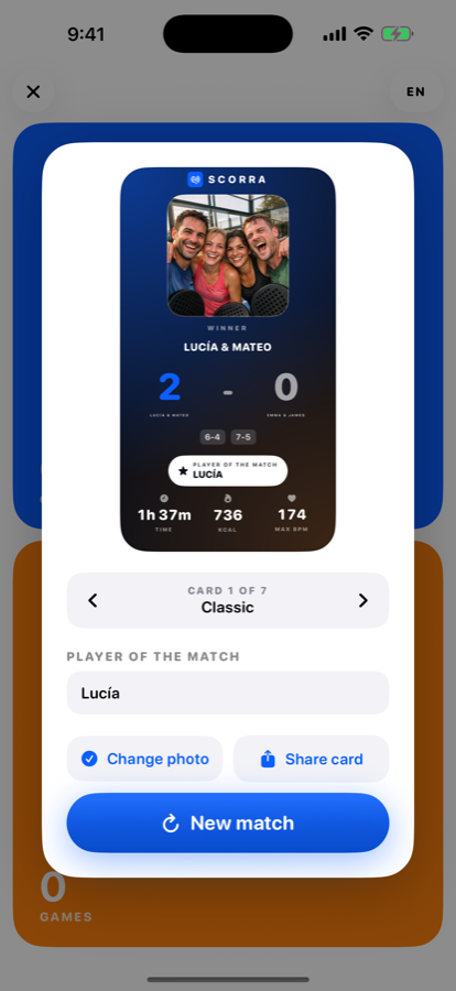 A finished match card with the score, time, calories, peak heart rate and a group photo